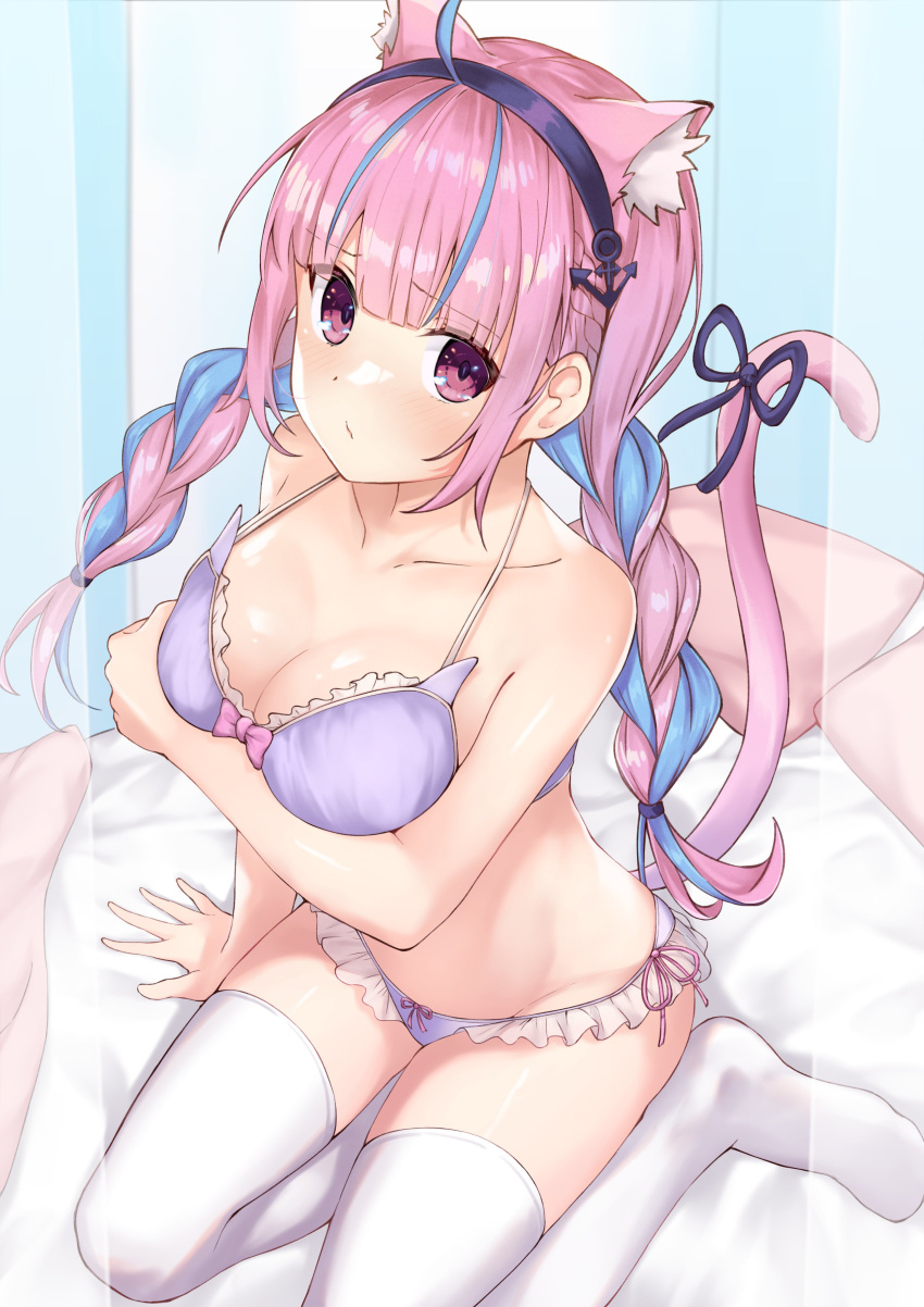 absurdres ahoge animal_ears arm_support blue_hair bra braid braided_tail breasts cat_ears cat_tail cleavage eyebrows_visible_through_hair frilled_panties frills highres hololive kneeling lingerie looking_at_viewer minato_aqua multicolored_hair on_bed panties pink_hair pizza_(artist) purple_eyes purple_hair sailor tail thighhighs thighs twintails two-tone_hair underwear virtual_youtuber