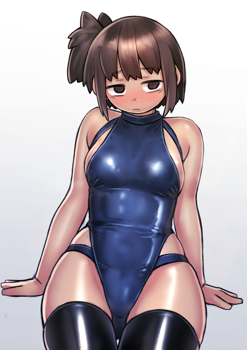 1girl @_@ arm_support black_legwear blush brown_eyes brown_hair closed_mouth competition_swimsuit cowboy_shot embarrassed grey_background highres kilye_kairi latex latex_legwear looking_at_viewer multi-strapped_swimsuit nose_blush one-piece_swimsuit original short_hair simple_background sitting solo swimsuit thighhighs white_background wide_face