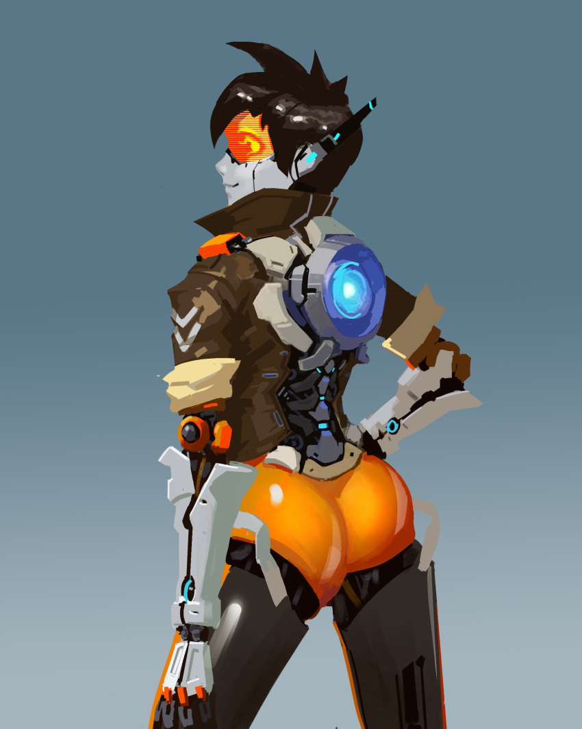 1girl absurdres android ass back commission commissioner_upload cyborg gloves glowing glowing_eyes highres jacket joints lancevl mecha mecha_musume mechanical mechanical_arms mechanical_parts overwatch robot robot_ears science_fiction shiny solo tracer_(overwatch)