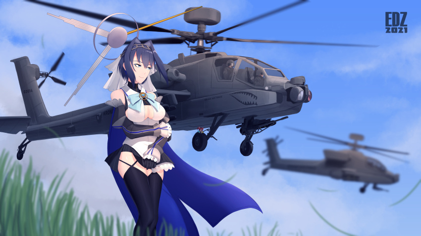 1girl 2others aircraft ambiguous_gender blue_bow bow bow_earrings chain commentary dated_commentary earrings edzactly english_commentary hair_intakes helicopter highres hololive hololive_english jewelry multiple_others ouro_kronii