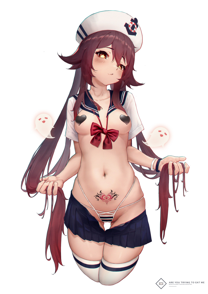 breasts genshin_impact hu_tao l_ract no_bra pantsu pasties seifuku shimapan tattoo thighhighs