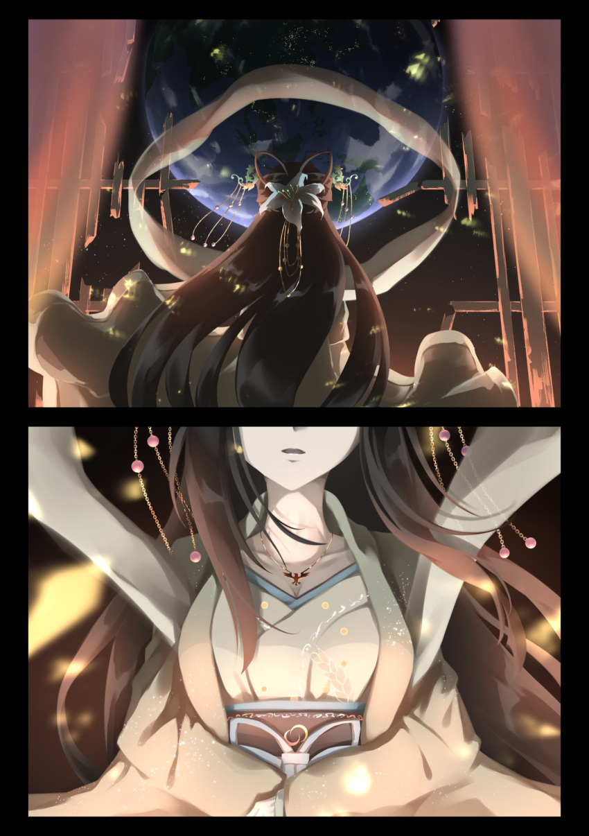 1girl black_hair blue_dress breasts broken_fence chang'e cleavage closed_mouth dress earth_(planet) faceless faceless_female flower hagoromo hair_ornament hair_stick highres japanese_clothes jewelry large_breasts long_hair necklace obi otomeza_ryuseigun planet sash shawl touhou