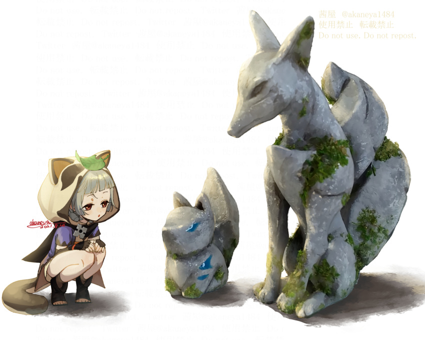 1girl animal_ears bangs blunt_bangs feet fox_statue full_body genshin_impact grey_hair highres hood inari leaf ojo_aa raccoon_ears raccoon_tail sayu_(genshin_impact) simple_background solo squatting statue tail toeless_legwear toes white_background