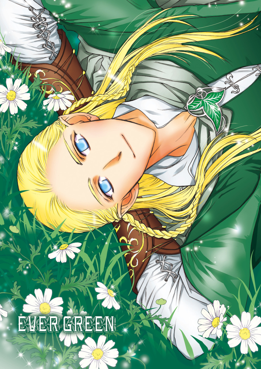 1boy arms_behind_head blonde_hair blue_eyes brown_gloves closed_mouth elf flower gloves grass highres kazuki-mendou legendarium legolas long_hair looking_at_viewer lying male_focus on_back pointy_ears red_vest shirt smile solo the_lord_of_the_rings vest white_flower white_shirt