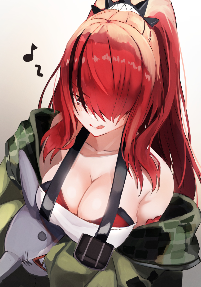 1girl absurdres bangs bare_shoulders black_hair breasts cleavage collarbone green_jacket hair_over_one_eye highres holding holding_stuffed_toy jacket lain_paterson licking_lips long_hair multicolored_hair musical_note nijisanji off_shoulder ponytail purple_eyes red_hair smile solo spoken_musical_note strapless streaked_hair stuffed_animal stuffed_shark stuffed_toy suspenders tongue tongue_out tsushi tubetop virtual_youtuber