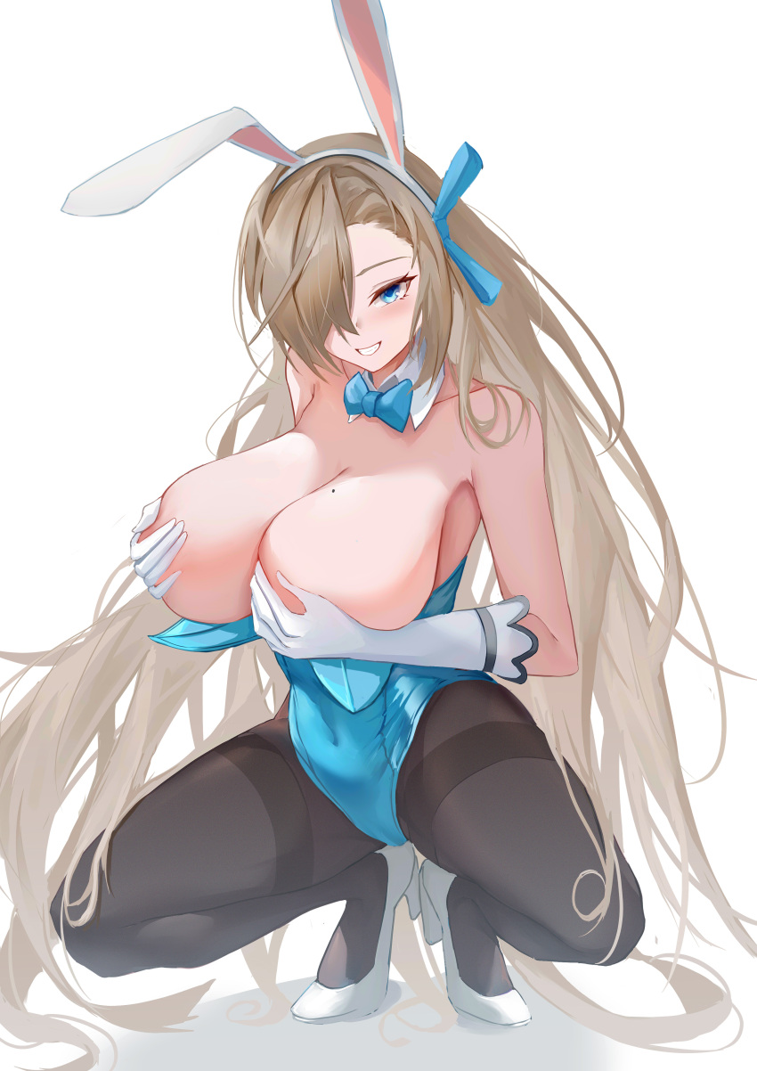 1girl absurdres animal_ears asuna_(blue_archive) bangs black_legwear blue_archive blue_eyes blush bow bowtie breasts cameltoe cleavage covering covering_breasts detached_collar fake_animal_ears gloves hair_over_one_eye high_heels highres huge_breasts joker0744g leotard long_hair looking_at_viewer mole mole_on_breast pantyhose playboy_bunny rabbit_ears simple_background smile solo squatting teeth very_long_hair white_background white_gloves