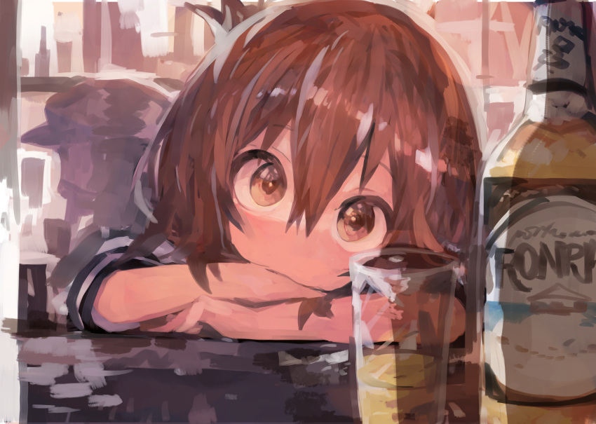 1girl absurdres alcohol bottle brown_eyes brown_hair cup drinking_glass folded_ponytail hair_between_eyes highres inazuma_(kancolle) kaamin_(mariarose753) kantai_collection long_hair long_sleeves school_uniform serafuku solo