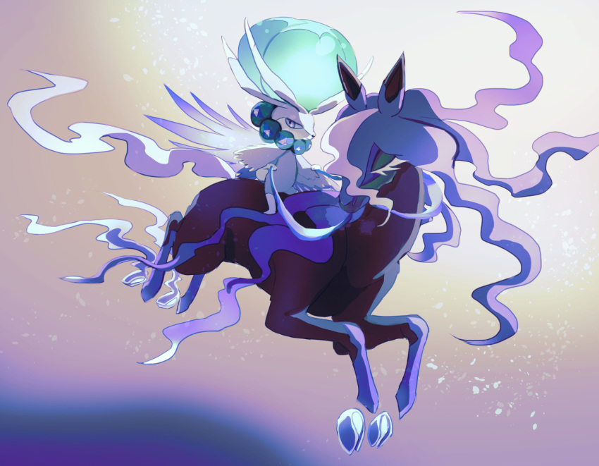 calyrex calyrex_(shadow_rider) closed_mouth commentary_request fusenryo gen_8_pokemon grey_eyes highres holding holding_reins legendary_pokemon looking_back no_humans pokemon pokemon_(creature) reins riding riding_pokemon sitting spectrier