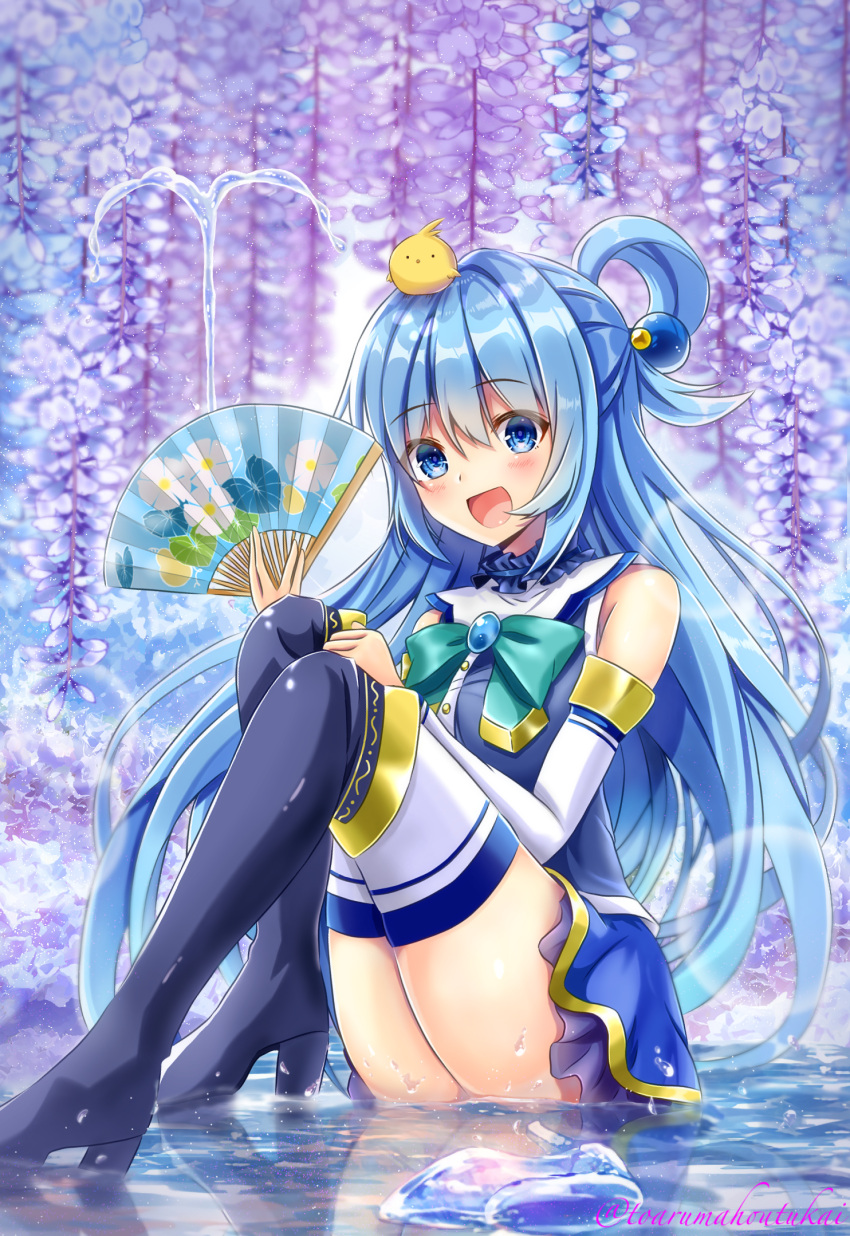 1girl animal_on_head aqua_(konosuba) ass bangs bare_shoulders bird bird_on_head blue_eyes blue_footwear blue_hair blue_legwear blue_shirt blue_skirt blush bow breasts chick commentary_request detached_sleeves emperor_zel flower green_bow hair_ornament hair_rings highres kono_subarashii_sekai_ni_shukufuku_wo! large_breasts long_hair looking_at_viewer nakki_(toarumajyutushi) on_head open_mouth pleated_skirt shirt skirt smile solo thighhighs water wisteria