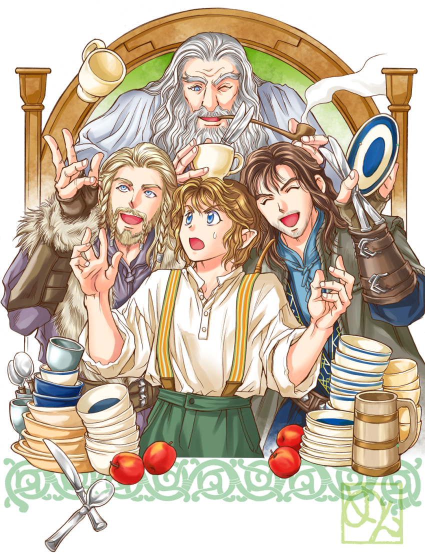 4boys :d apple beard bilbo_baggins blonde_hair blue_eyes blush bowl brown_hair collared_shirt commentary cup cutlery english_commentary facial_hair fili fingernails food fruit gandalf green_pants hands_up highres holding holding_pipe kazuki-mendou kili_(the_hobbit) legendarium long_beard male_focus multiple_boys open_mouth pants parted_lips pipe plate pointy_ears red_apple shirt smile smoke smoking spoon stubble suspenders tankard teacup the_hobbit wide-eyed wing_collar