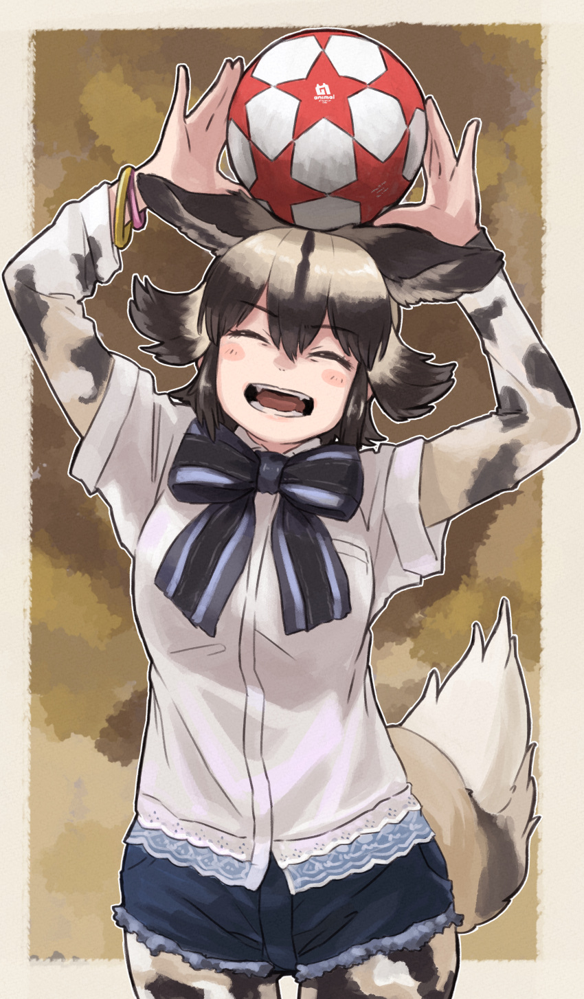 1girl absurdres african_wild_dog_(kemono_friends) african_wild_dog_print animal_ears animal_print arms_up ball bangs blush_stickers bodystocking border bow bowtie closed_eyes cowboy_shot cutoffs denim denim_shorts dog_ears dog_girl dog_tail dress_shirt extra_ears eyebrows_visible_through_hair facing_viewer hair_between_eyes happy highres huge_filesize kemono_friends layered_sleeves long_sleeves object_on_head open_mouth parted_bangs print_sleeves shirt short_over_long_sleeves short_shorts short_sleeves shorts sidelocks smile soccer_ball solo tail toriny