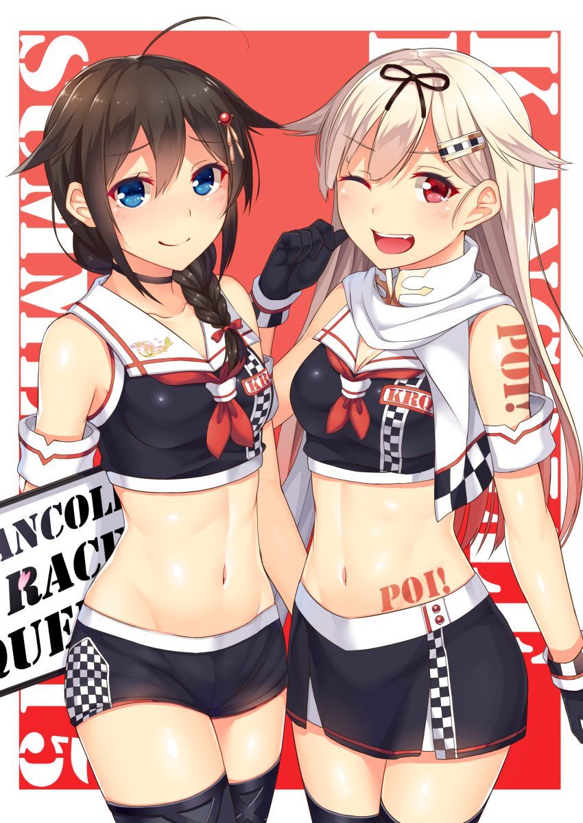 2girls absurdres adapted_costume ahoge black_gloves blonde_hair blue_eyes blush body_writing braid breasts brown_hair catchphrase checkered choker closed_mouth collarbone gloves hair_flaps hair_ornament hair_ribbon hairclip highres holding horosuke kantai_collection long_hair looking_at_viewer medium_breasts midriff miniskirt multiple_girls navel one_eye_closed open_mouth poi race_queen red_background red_eyes remodel_(kantai_collection) ribbon scarf school_uniform serafuku shigure_(kancolle) shiny shiny_hair shiny_skin short_shorts shorts simple_background single_braid skirt smile stomach tattoo thighhighs tied_hair yuudachi_(kancolle) zettai_ryouiki