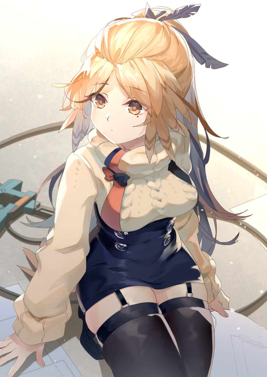 1girl absurdres aran_sweater arknights beige_sweater black_legwear blue_skirt bow breasts buttons commentary feather_hair garter_straps highres large_breasts long_hair looking_to_the_side mole mole_under_eye nail_gun orange_eyes orange_hair paper pinecone_(arknights) ponytail sitting skirt solo sweater thighhighs thighs yonago_miko zettai_ryouiki
