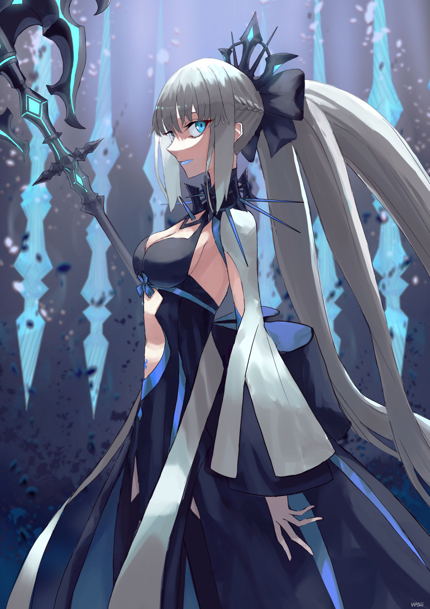 1girl absurdres azarashi_227 bangs blue_eyes blue_lips clothing_cutout fate/grand_order fate_(series) grey_hair highres lipstick long_hair makeup morgan_le_fay_(fate) stomach_cutout stomach_tattoo tattoo very_long_hair