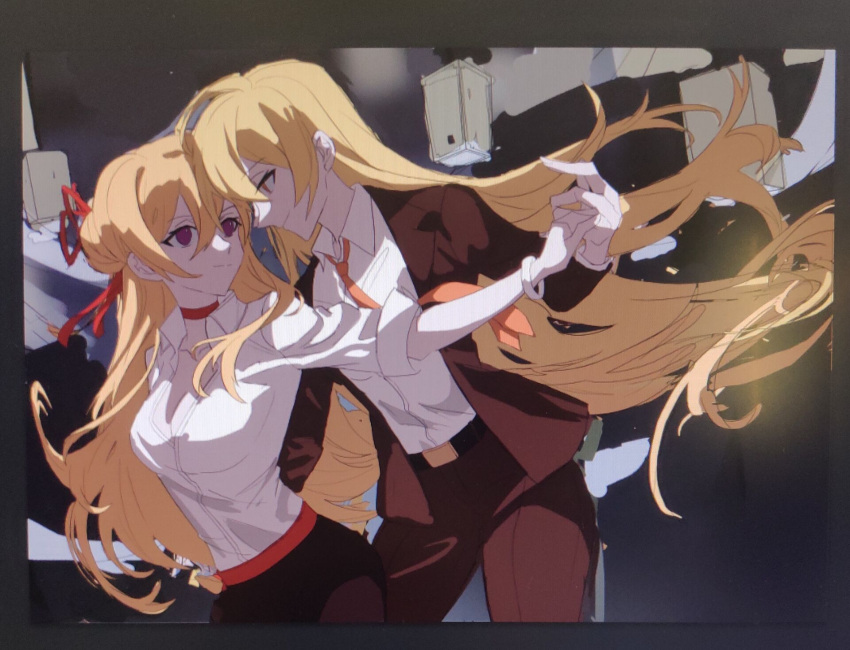 2girls alternate_costume alternate_hairstyle arong bangle blazer blonde_hair bracelet breasts choker cleavage collarbone dancing eyebrows_visible_through_hair formal hair_between_eyes highres jacket jewelry lantern large_breasts long_hair long_sleeves looking_at_another matara_okina multiple_girls necktie orange_eyes orange_neckwear pants purple_eyes red_neckwear shirt suit touhou white_shirt yakumo_yukari