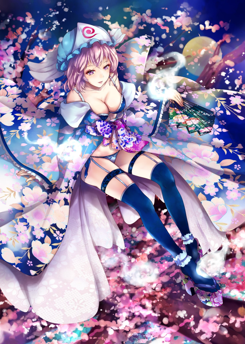 blue_background blue_bow blue_bra blue_kimono blue_legwear blue_panties bow bra cherry_blossoms floral_print folding_fan frilled_kimono frills garter_straps garters hand_fan hat high_heels highres hitodama japanese_clothes kimono lingerie long_sleeves mayonaka_taruho mob_cap open_clothes panties pink_eyes pink_hair saigyouji_yuyuko short_hair side-tie_panties smile tabi touhou triangular_headpiece underwear wide_sleeves