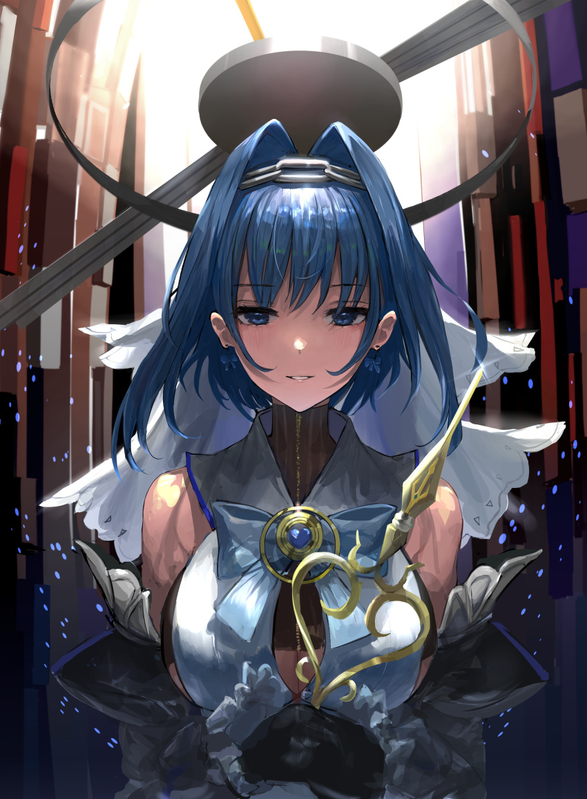 1girl absurdres bangs bare_shoulders black_gloves blue_eyes blue_hair blush bodysuit bow bowtie breasts chain chan1moon cleavage_cutout clothing_cutout detached_collar detached_sleeves earrings eyebrows_visible_through_hair gloves hair_intakes hairband halo hands_together highres hololive hololive_english jewelry large_breasts looking_at_viewer neck_ribbon ouro_kronii parted_lips ribbon short_hair smile solo upper_body veil virtual_youtuber