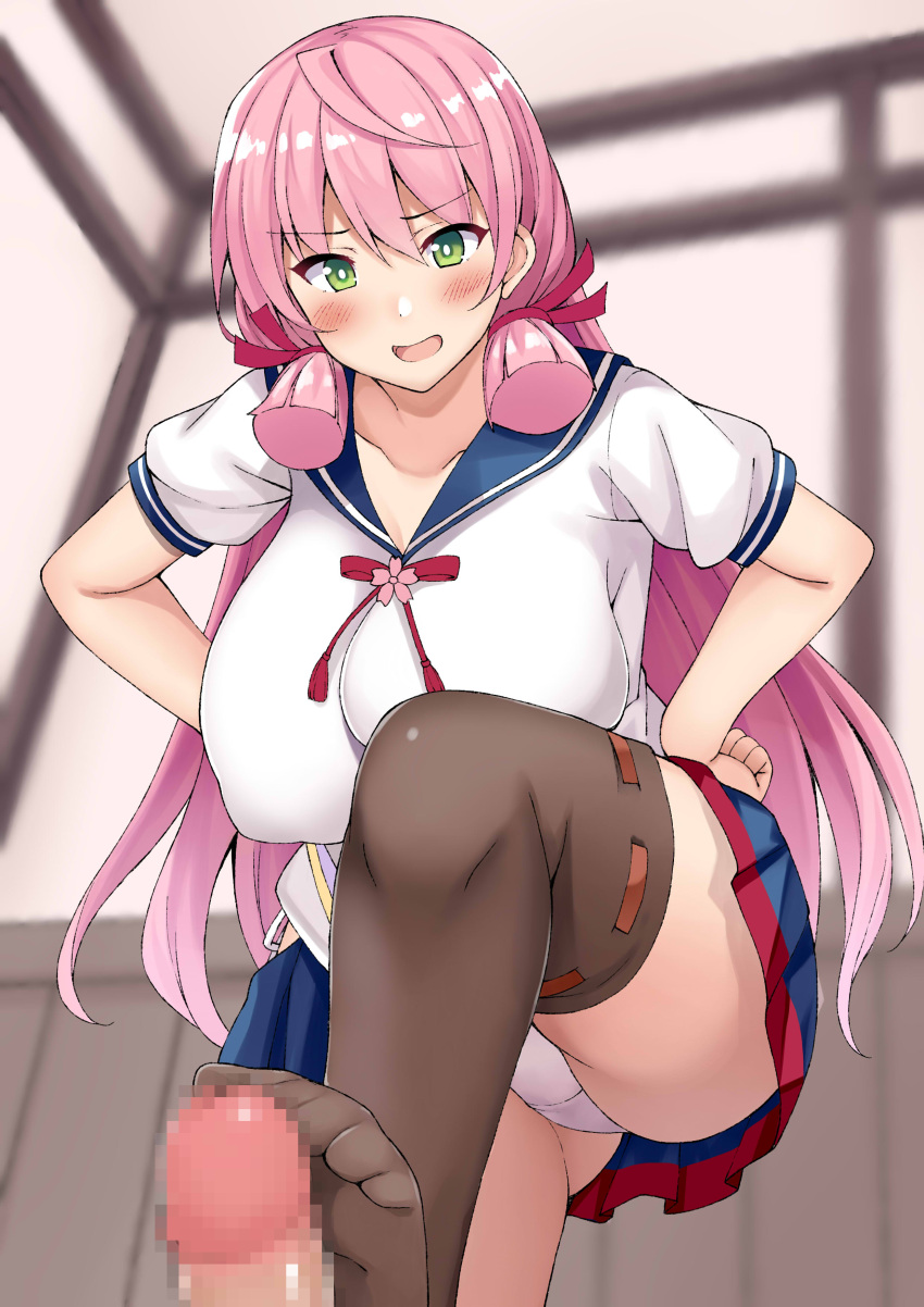 1girl absurdres akashi_(kancolle) black_legwear blue_sailor_collar blue_skirt blush breasts censored collarbone eyebrows_visible_through_hair green_eyes hair_between_eyes hair_ribbon highres kantai_collection kusano_(torisukerabasu) large_breasts long_hair mosaic_censoring open_mouth panties penis pink_hair pleated_skirt red_ribbon ribbon sailor_collar school_uniform serafuku short_sleeves skirt solo_focus thighhighs tress_ribbon underwear white_panties