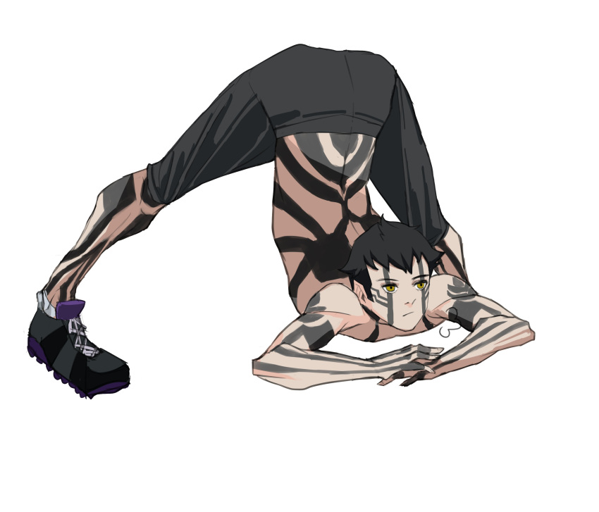 1boy absurdres ass black_hair flexible full-body_tattoo full_body highres hitoshura jack-o'_challenge looking_at_viewer male_focus meme mochigana shin_megami_tensei shin_megami_tensei_iii:_nocturne shirtless short_hair simple_background solo spread_legs tattoo top-down_bottom-up white_background yellow_eyes
