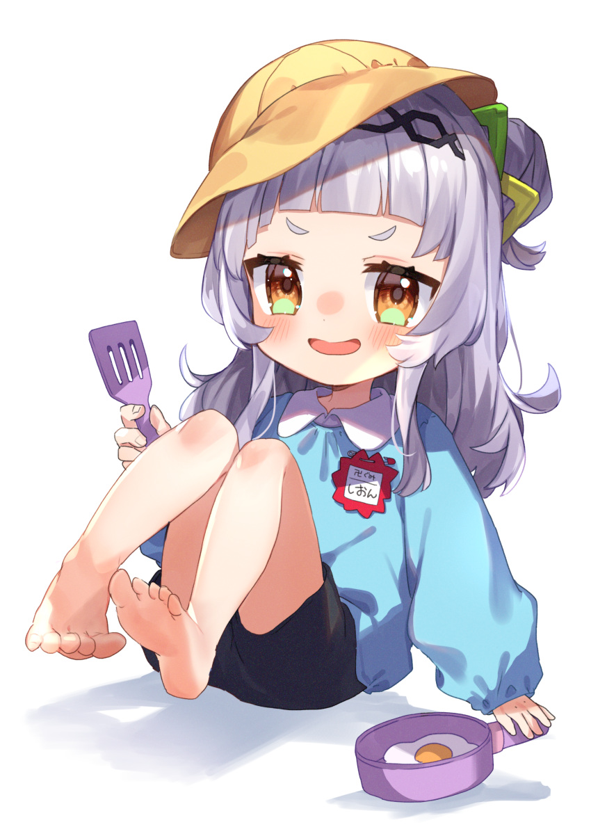 1girl :d absurdres bangs bare_legs barefoot black_shorts blunt_bangs commentary_request eyebrows_visible_through_hair feet frying_pan hair_ornament hairband hat highres holding holding_frying_pan holding_spatula hololive kindergarten_uniform long_hair long_sleeves looking_at_viewer murasaki_shion name_tag noi_mine one_side_up open_mouth school_hat shorts sidelocks silver_hair simple_background smile soles solo spatula sunny_side_up_egg toes translation_request virtual_youtuber white_background yellow_eyes