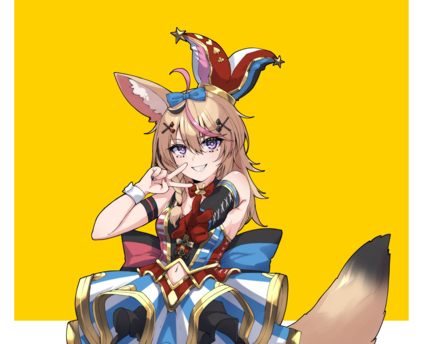 1girl ahoge animal_ear_fluff animal_ears arm_strap asymmetrical_hair black_hair blonde_hair blue_bow bow braid breasts club_hair_ornament commentary cowboy_shot detached_sleeves diamond_hair_ornament dress english_commentary eyebrows_visible_through_hair facepaint foreshortening fox_ears fox_girl fox_tail gloves gold_trim grin hair_between_eyes hair_bow hair_ornament hairclip hat heart heart_hair_ornament highres hololive jester_cap large_bow long_hair looking_at_viewer makeup mascara medium_breasts midriff_peek multicolored multicolored_clothes multicolored_dress multicolored_hair navel omaru_polka outstretched_arm pink_hair pleated_skirt purple_eyes red_gloves side_braid simple_background single_braid single_glove single_sleeve skirt smile solo spade_hair_ornament star-shaped_pupils star_(symbol) streaked_hair striped striped_dress symbol-shaped_pupils tail teeth tilted_headwear v valefal_coneri vertical-striped_skirt vertical_stripes virtual_youtuber wrist_cuffs yellow_background