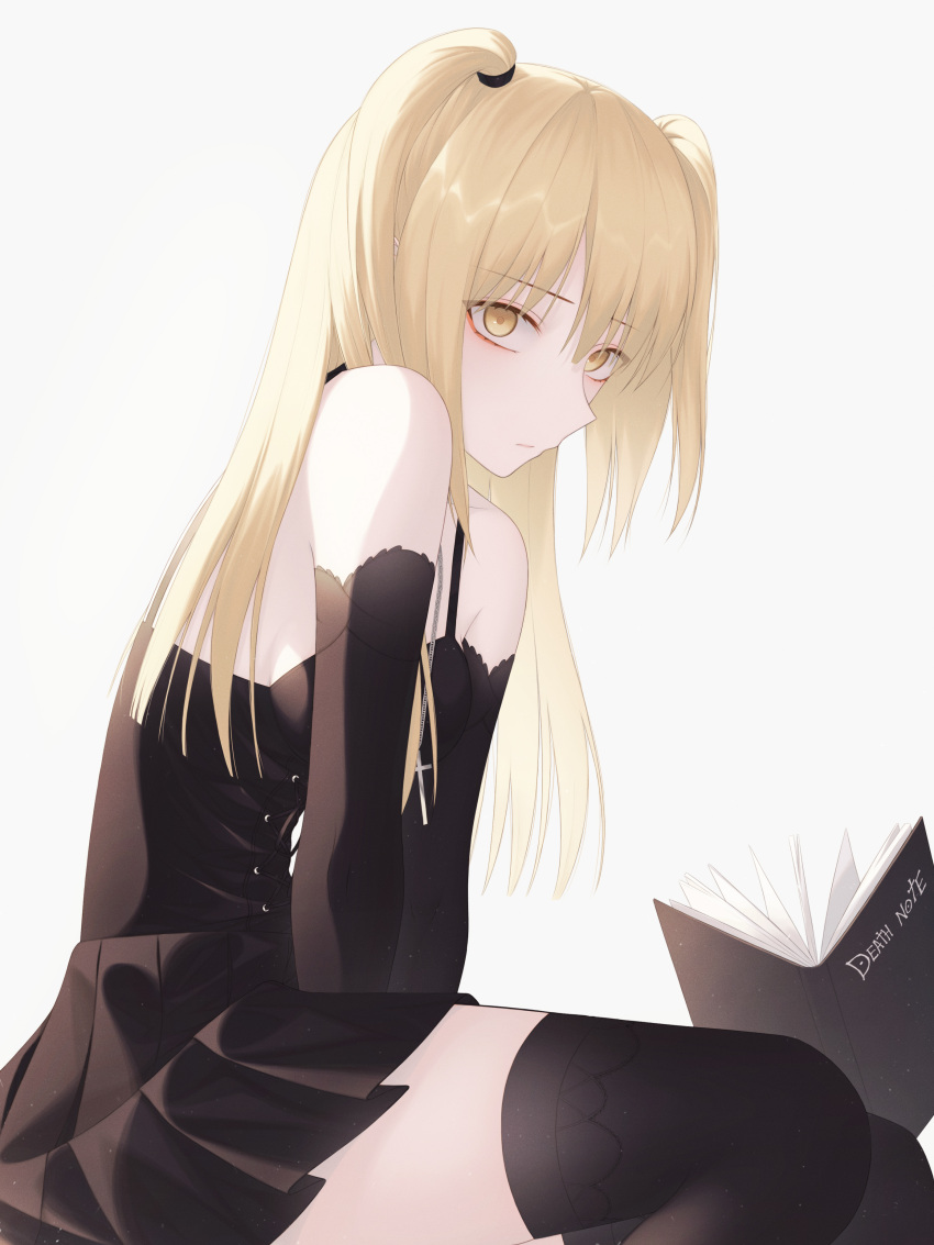 1girl absurdres amane_misa black_gloves black_legwear black_shirt black_skirt blonde_hair breasts closed_mouth copyright_name death_note elbow_gloves from_side geagmin915 gloves highres long_hair looking_at_viewer miniskirt pleated_skirt shiny shiny_hair shirt simple_background single_thighhigh skirt sleeveless sleeveless_shirt small_breasts solo spaghetti_strap thighhighs twintails white_background yellow_eyes zettai_ryouiki