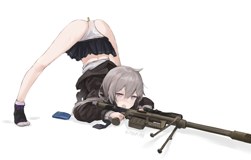 1girl absurdres arm_rest black_jacket black_skirt bolt_action cheytac_m200 eyebrows_visible_through_hair flexible girls'_frontline grey_hair gun hands_on_ground highres jack-o'_challenge jacket light_purple_eyes long_hair long_sleeves low_ponytail m200_(girls'_frontline) meme miniskirt open_mouth panties pleated_skirt rifle sawkm scope skirt sniper_rifle sniper_scope solo top-down_bottom-up underwear weapon white_panties wide_spread_legs