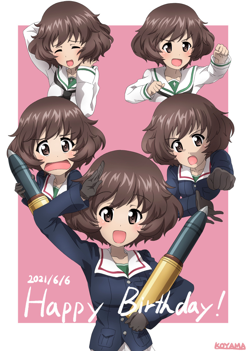 1girl 9s0ykoyama117 :d absurdres akiyama_yukari arms_up artist_name bangs black_gloves black_neckwear blouse blue_jacket border brown_eyes brown_hair clenched_hand clenched_hands closed_eyes commentary dated eyebrows_visible_through_hair frown girls_und_panzer gloves green_shirt hands_in_hair happy_birthday highres holding huge_filesize jacket long_sleeves looking_at_viewer messy_hair military military_uniform miniskirt multiple_views neckerchief ooarai_military_uniform ooarai_school_uniform open_mouth outside_border pink_background sailor_collar salute school_uniform serafuku shirt short_hair skirt smile tank_shell uniform white_blouse white_border white_sailor_collar