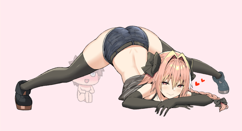2boys arm_rest ass astolfo_(fate) back bangs black_bow black_gloves black_legwear blue_shorts blush bow braid braided_ponytail chibi commentary crop_top denim denim_shorts dimples_of_venus elbow_gloves fate/apocrypha fate_(series) flexible fujimaru_ritsuka_(male) gloves hair_bow hair_intakes heart heart-shaped_pupils highres jack-o'_challenge long_hair looking_at_viewer meme multicolored_hair multiple_boys otoko_no_ko pink_background pink_hair purple_eyes riyo_(lyomsnpmp)_(style) short_shorts shorts simple_background sky-freedom smile solo_focus streaked_hair symbol-only_commentary symbol-shaped_pupils thighhighs top-down_bottom-up white_hair wide_spread_legs