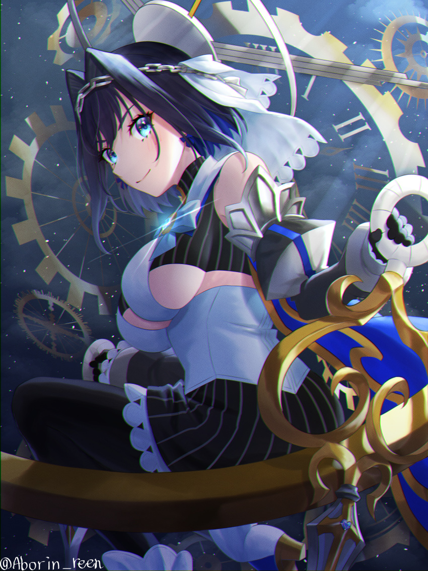 1girl aboreen absurdres blue_eyes blue_hair bow bow_earrings clothing_cutout earrings gears head_chain highres hololive hololive_english huge_filesize jewelry ouro_kronii solo underboob_cutout virtual_youtuber