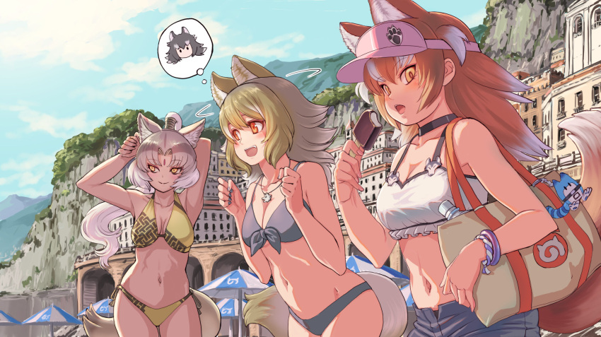 3girls alternate_costume animal_ears arm_behind_back arms_up bag bangs beach_umbrella bikini black_hair breasts brown_hair choker cleavage closed_mouth collarbone commentary_request contemporary cowboy_shot day extra_ears eyebrows_visible_through_hair facial_mark fang forehead_mark grey_hair grey_wolf_(kemono_friends) hands_up high_ponytail highres holding indian_wolf_(kemono_friends) italian_wolf_(kemono_friends) japanese_wolf_(kemono_friends) jewelry kemono_friends kosai_takayuki leaning_forward long_hair looking_afar looking_at_viewer midriff motion_lines multicolored_hair multiple_girls navel open_mouth orange_eyes outdoors pendant shorts shoulder_bag sidelocks smile spoken_character stomach summer swimsuit tail tan thought_bubble two-tone_hair umbrella very_long_hair visor_cap white_hair wolf_ears wolf_girl wolf_tail yellow_eyes