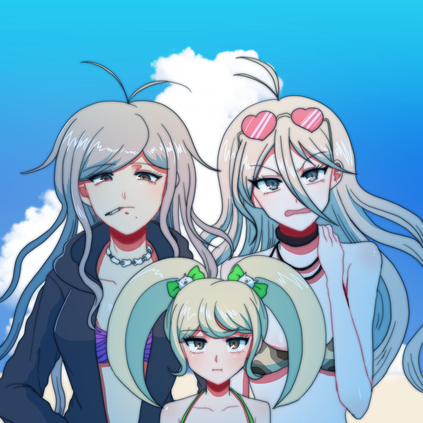 3girls :i absurdres alternate_costume antenna_hair bangs bare_arms bare_shoulders bikini black_jacket blonde_hair blue_sky cat_hair_ornament choker cigarette cloud collarbone commentary_request danganronpa_(series) danganronpa_2:_goodbye_despair danganronpa_another_episode:_ultra_despair_girls danganronpa_v3:_killing_harmony day eyewear_on_head goggles goggles_on_head grey_hair hagakure_hiroko hair_between_eyes hair_ornament heart heart-shaped_eyewear height_difference highres jacket jewelry long_hair looking_at_viewer multiple_girls necklace open_clothes open_jacket open_mouth outdoors shiny shiny_hair sky sunglasses swimsuit tansug_(tansuk88) twintails
