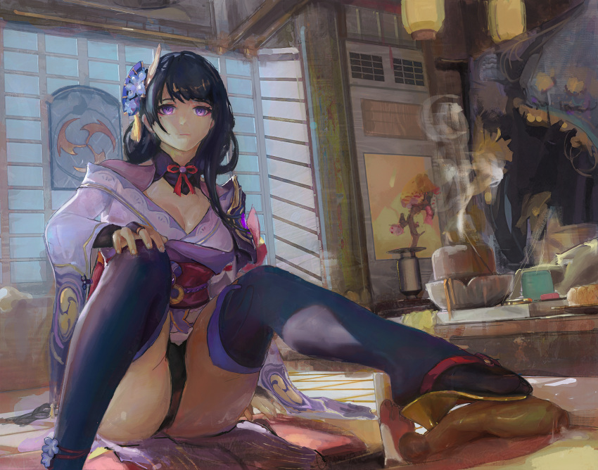 1boy 1girl bad_id bad_pixiv_id bangs bare_shoulders black_panties braid braided_ponytail breasts cleavage clothed_female_nude_male dalin_zhu detached_collar footjob genshin_impact hair_ornament highres japanese_clothes kimono large_breasts legs long_hair long_sleeves looking_at_viewer nude obi off_shoulder panties penis purple_eyes purple_hair purple_kimono purple_legwear raiden_shogun sash sitting thighhighs underwear wide_sleeves