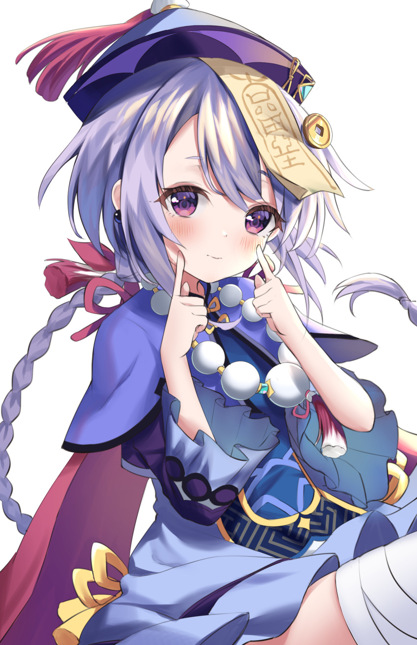 1girl absurdres azusa_(980650076) bandaged_leg bandages bangs bead_necklace beads cape chinese_clothes commentary earrings eyebrows_visible_through_hair fingers_to_cheeks genshin_impact hair_between_eyes hat highres jewelry jiangshi long_hair long_sleeves looking_at_viewer necklace ofuda qing_guanmao qiqi_(genshin_impact) shorts sidelocks simple_background sitting smile solo thighhighs white_background white_legwear zettai_ryouiki