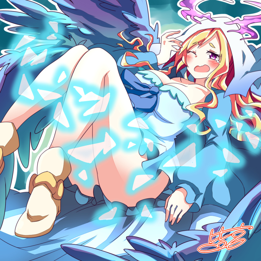 1girl blonde_hair breasts collarbone hair_ornament halo highres himiya_jouzu large_breasts looking_at_viewer lucifer_(monster_strike) monster_strike one_eye_closed purple_eyes sleepy solo tears thighs wings yawning