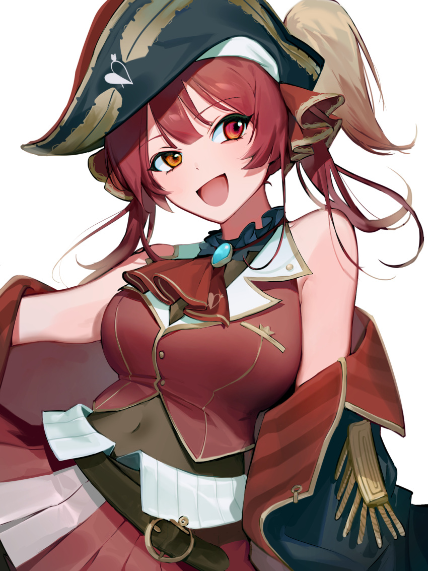 1girl :d ascot bangs bare_shoulders belt bicorne black_headwear brown_belt brown_leotard coat epaulettes hair_ribbon hat heterochromia highres hololive houshou_marine leotard leotard_under_clothes long_hair miniskirt nannaspad off_shoulder open_clothes open_coat open_mouth pirate_hat pleated_skirt red_eyes red_hair red_neckwear red_ribbon red_skirt red_vest ribbon sheer_leotard simple_background skirt smile solo twintails vest virtual_youtuber white_background yellow_eyes