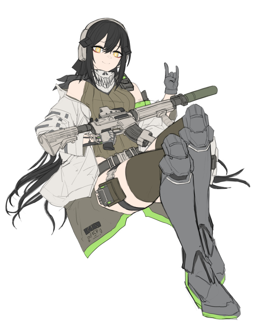 1girl absurdres assault_rifle black_hair cheogtanbyeong cosplay dandelion_(girls'_frontline) eyeliner girls'_frontline gun highres leotard long_hair m4_carbine m4a1_(girls'_frontline) m4a1_(girls'_frontline)_(cosplay) makeup ribbed_leotard rifle smile solo very_long_hair weapon yellow_eyes