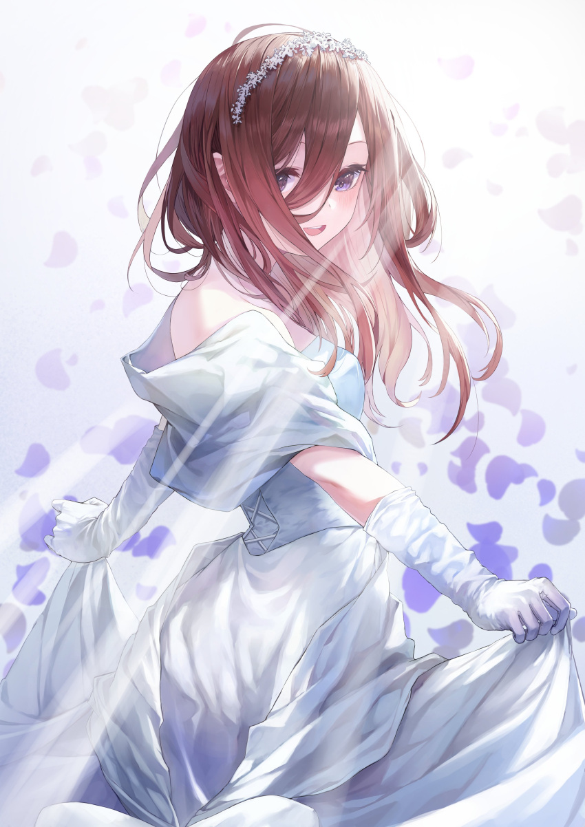 1girl absurdres bare_shoulders blue_eyes blush circlet clothes_lift dress ears elbow_gloves fudepenbrushpen gloves go-toubun_no_hanayome hair_between_eyes hairband highres light_rays long_hair looking_at_viewer nakano_miku off-shoulder_dress off_shoulder petals skirt skirt_hold skirt_lift smile solo strapless strapless_dress sunbeam sunlight wedding_dress white_dress white_gloves