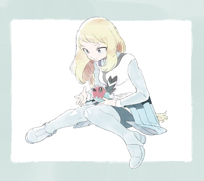 1girl absurdres bangs bird blonde_hair breasts bright_pupils closed_mouth commentary_request fletchling gen_6_pokemon grey_eyes hagetapo highres knees_together_feet_apart long_hair long_sleeves looking_down pokemon pokemon_(creature) pokemon_adventures shoes smile stirrup_legwear thighhighs toeless_legwear white_pupils yvonne_gabena