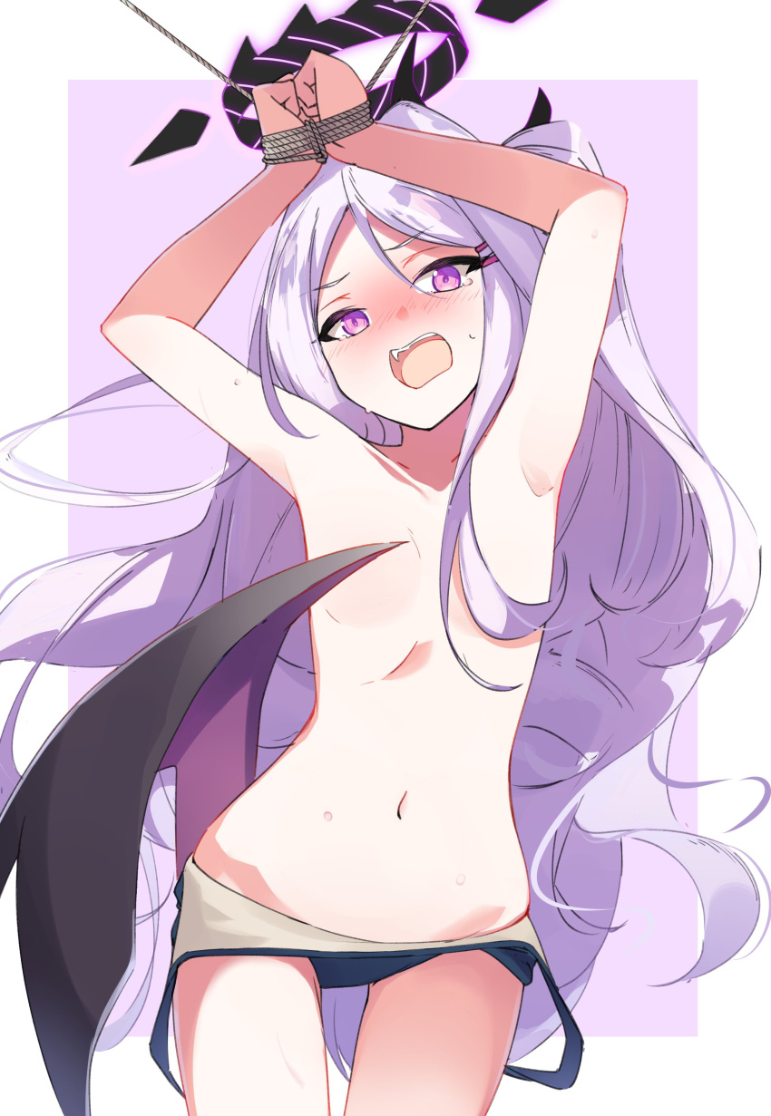 1girl absurdres ahoge bangs blue_archive bound bound_wrists clothes_pull convenient_censoring demon_horns hair_censor halo highres hina_(blue_archive) horns long_hair low_wings multiple_horns navel old_school_swimsuit parted_bangs purple_eyes purple_horns school_swimsuit solo swimsuit swimsuit_pull white_hair wing_censor wings y_kimisaki