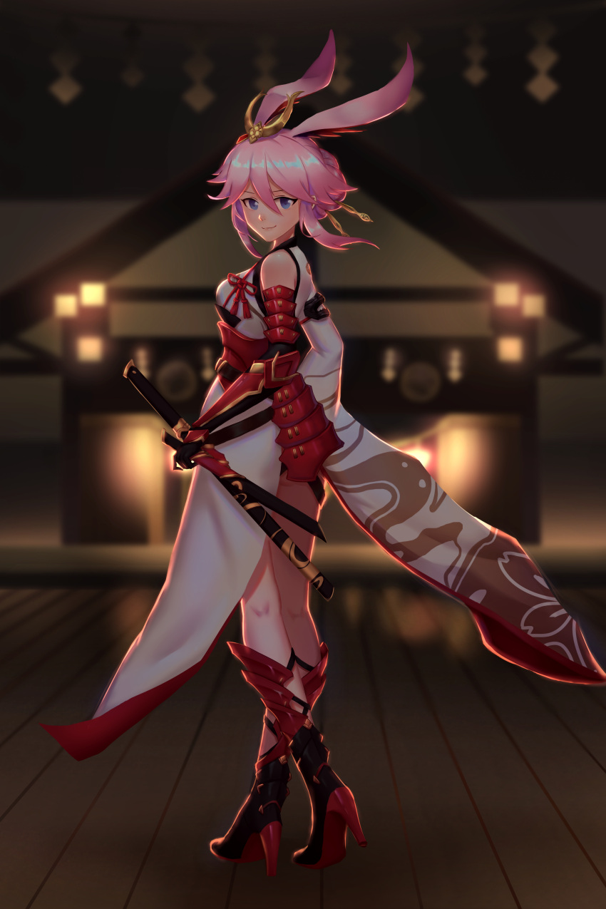 1girl absurdres architecture armor back bangs bare_shoulders black_footwear blurry blurry_background boots closed_mouth east_asian_architecture full_body gauntlets hair_between_eyes hair_ornament highres holding holding_sword holding_weapon honkai_(series) honkai_impact_3rd indoors japanese_armor japanese_clothes katana looking_at_viewer looking_back pink_hair purple_eyes qian_yi sheath sheathed single_gauntlet smile solo standing sword temple weapon yae_sakura yae_sakura_(flame_sakitama)