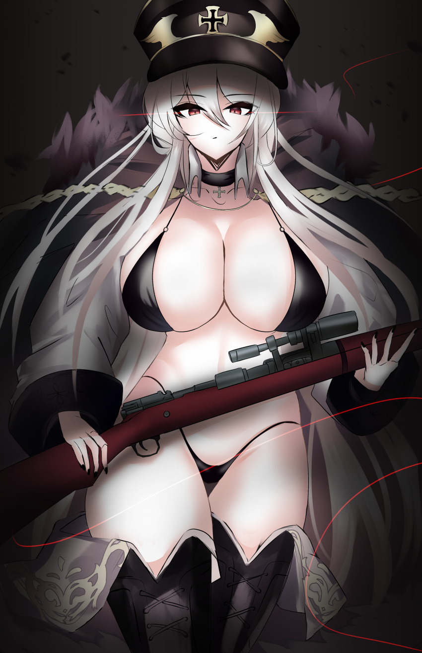 absurdres black_bra black_panties bolt_action boots bra breasts choker cleavage cloak collarbone collared_shirt cross cross-laced_footwear dark_background eyebrows_visible_through_hair fur_collar fur_trim girls'_frontline glowing glowing_eyes gun hat highres holding holding_gun holding_weapon iron_cross kar98k_(girls'_frontline) kyle_(kysizzle) lace-up_boots large_breasts looking_at_viewer mauser_98 military_hat open_clothes open_shirt panties peaked_cap red_eyes rifle shirt thighhighs underwear weapon white_hair