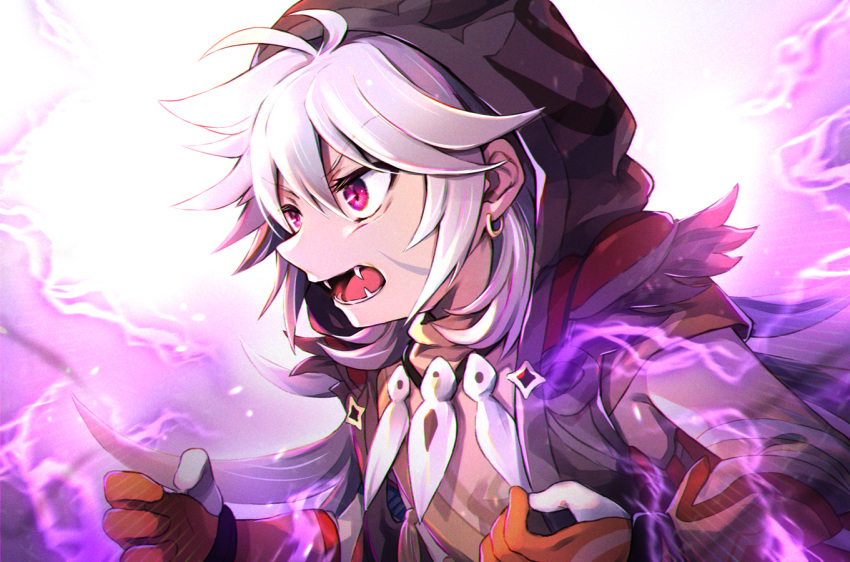 1boy bangs black_jacket brown_shirt earrings eyebrows_visible_through_hair fangs genshin_impact gloves grey_hair hair_between_eyes hood hood_up hooded_jacket jacket jewelry looking_away male_focus open_clothes open_jacket open_mouth orange_gloves partially_fingerless_gloves purple_eyes razor_(genshin_impact) shirt sleeveless sleeveless_jacket solo tachitsu_teto tooth_necklace v-shaped_eyebrows