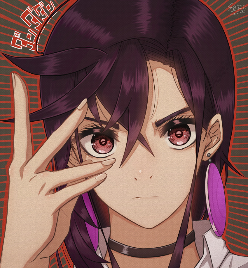 1girl absurdres ayase_momo black_choker black_hair choker close-up closed_mouth dandadan earrings face fingernails hair_between_eyes highres jewelry looking_at_viewer medium_hair outline portrait red_eyes red_outline shiratamaou signature solo