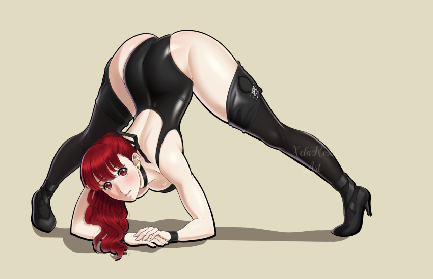 1girl arm_rest ass black_leotard boots breasts flexible full_body highres jack-o'_challenge leotard long_hair looking_at_viewer medium_breasts meme persona persona_5 persona_5_the_royal ponytail pose red_eyes red_hair shiny shiny_hair shiny_skin solo spread_legs stretch thigh_boots thighhighs top-down_bottom-up wide_spread_legs xelaroseart yoshizawa_kasumi