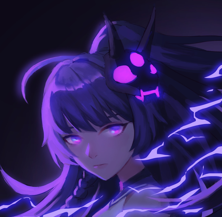 1girl absurdres antenna_hair bangs braid closed_mouth electricity glowing glowing_eyes hair_between_eyes highres honkai_(series) honkai_impact_3rd long_hair looking_at_viewer mask portrait purple_background purple_eyes purple_hair qian_yi raiden_mei raiden_mei_(lightning_empress) solo