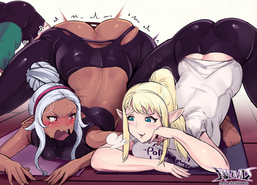 3girls ass back barefoot black_pants blonde_hair blush breasts crop_top dark-skinned_female dark_elf dark_skin elf elf-san_wa_yaserarenai. english_commentary erufuda-san fang hair_bun hairband highres huge_ass inconvenient_ass jack-o'_challenge kuroeda-san large_breasts medium_breasts meme multiple_girls no_panties nose_blush ooeda_(elf-san_wa_yaserarenai) out_of_frame pants pointy_ears ponytail purple_hairband r-e-l-o-a-d scar_on_leg shirt sidelocks silver_hair smug sweatdrop t-shirt tearing_up tight tight_pants toes top-down_bottom-up torn_clothes torn_pants updo wardrobe_malfunction wide_spread_legs yoga_pants