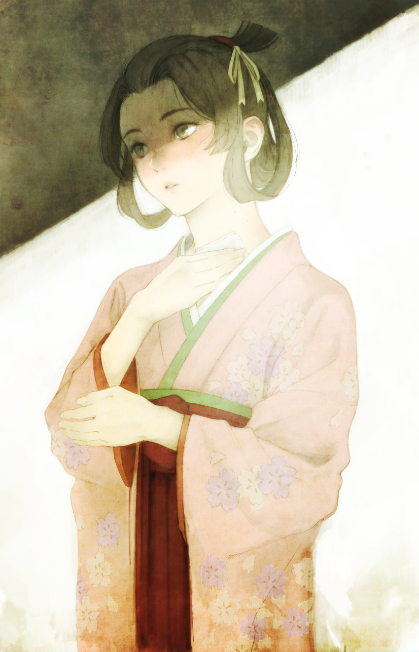 1girl absurdres black_eyes black_hair cowboy_shot dai_gyakuten_saiban gyakuten_saiban hair_ribbon highres japanese_clothes kimono looking_away mikotoba_susato obi parted_lips pink_kimono ribbon sash short_hair so_(user_23199496) solo standing updo white_background wide_sleeves yellow_ribbon