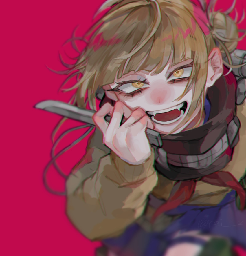 1girl :d bags_under_eyes bangs bent_over black_bandana blonde_hair blue_sky blunt_bangs blurry blush boku_no_hero_academia canister cardigan commentary depth_of_field double_bun eyelashes fang fangs hair_up holding holding_knife holding_weapon hose knife leaning_forward long_sleeves looking_at_viewer messy_hair narrowed_eyes neckerchief nose_blush open_mouth pleated_skirt red_background red_neckwear rei_su sanpaku school_uniform serafuku simple_background skirt sky smile solo teeth toga_himiko weapon yellow_cardigan yellow_eyes