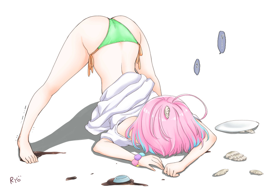 1girl absurdres accident ahoge ass blue_hair dumpling food green_panties highres idolmaster idolmaster_cinderella_girls jack-o'_challenge jiaozi multicolored_hair ozaki_mirai panties pink_hair plate shirt short_hair side-tie_panties streaked_hair top-down_bottom-up translation_request two-tone_hair underwear white_shirt yumemi_riamu